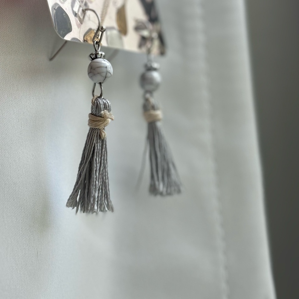Gray Tassel Earrings with Marble Bead